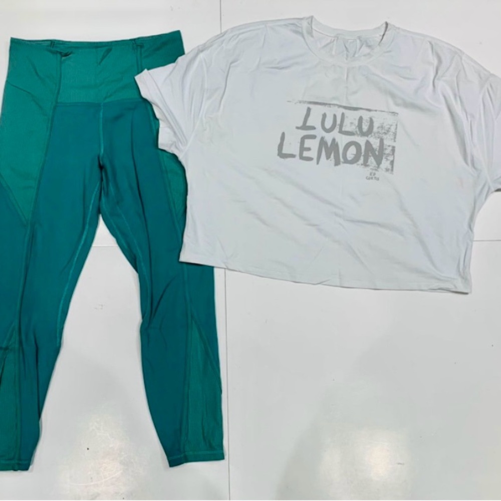 Lululemon White Tee and Teal Leggings Set